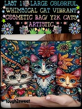 🆕️LAST 1😻LARGE COLORFUL, WHIMSICAL CAT VIBRANT COSMETIC BAG/ Y2K CATS ARTISTIC